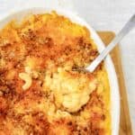 baked mac and cheese in a white casserole dish