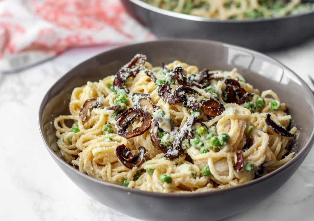 creamy marsala pasta in a grey bowl