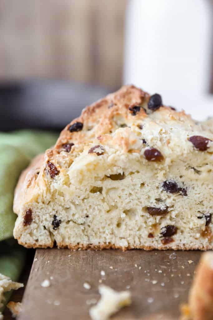 The soda bread sliced to show the interior texture of the bread.
