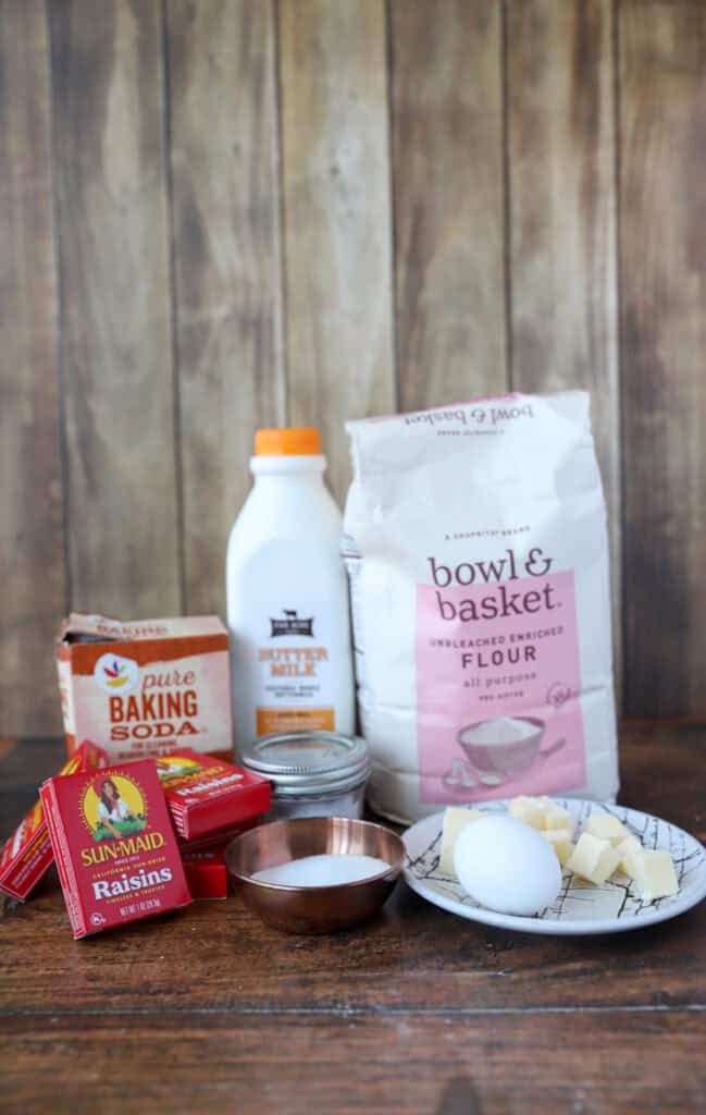 ingredients photo: raisins, baking soda, buttermilk, flour, salt, sugar, egg, butter.
