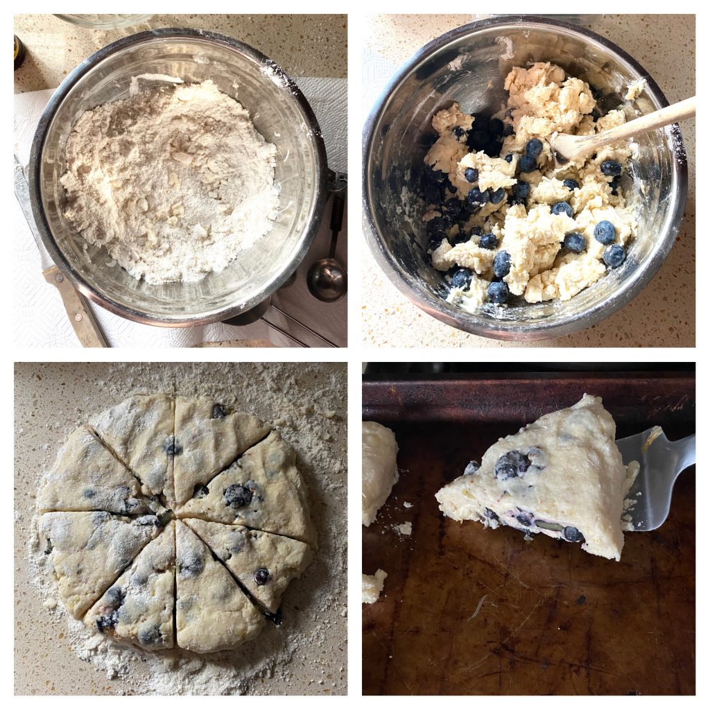 Instructional step by step photos.
Upper left: the butter cut into the flour.
Upper right: folding int the blueberries into the batter.
Lower left: the circular dough cut into 8 scones.
Lower right: placing a scone on the baking sheet.