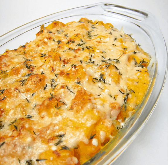 Baked Chickpeas and Butternut Squash in a glass dish