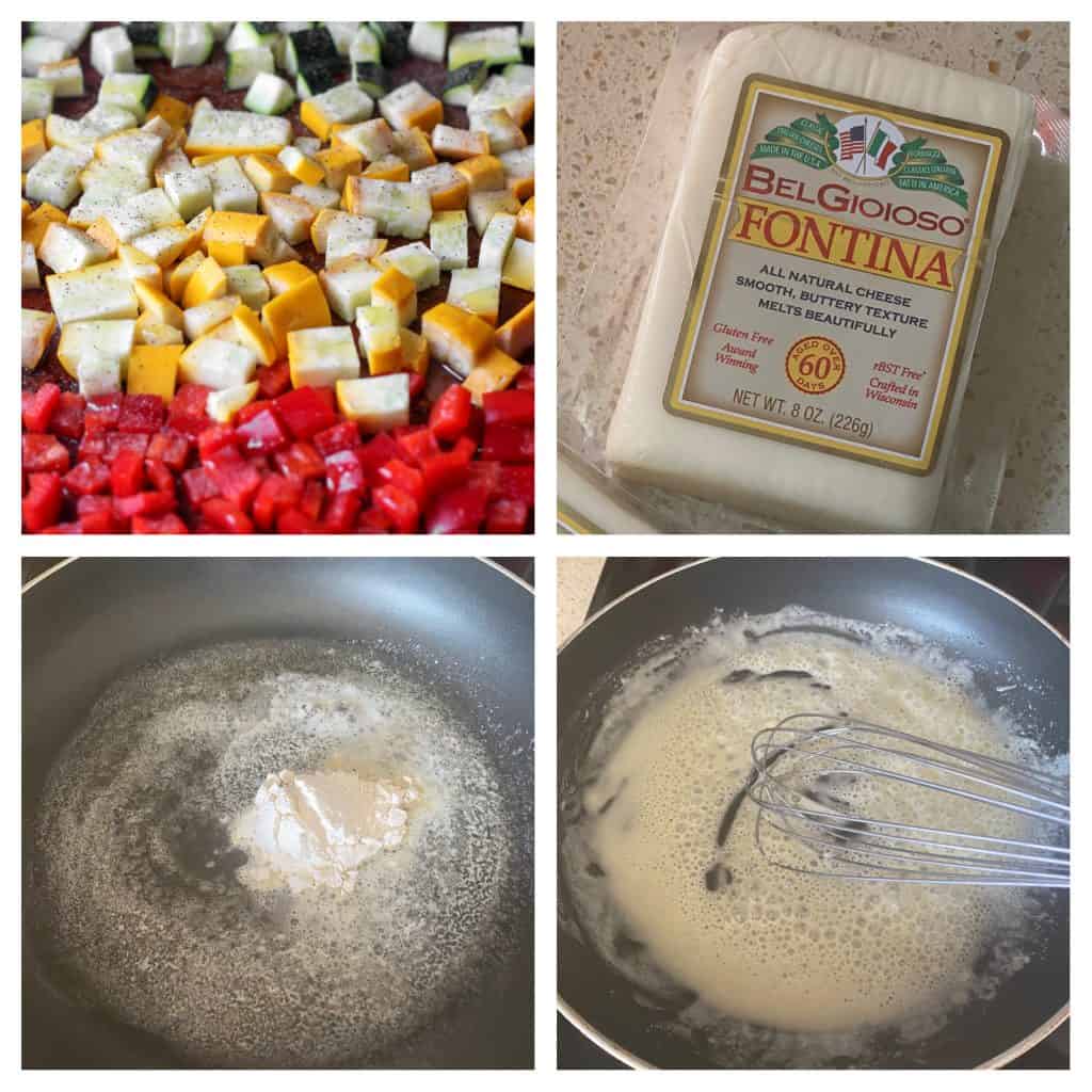 collage of 4 photos.
Upper left: the diced veggies
Upper right: a block of the cheese
Lower left: The flour added to the melted butter
Lower right: whisking the flour into the melted butter.