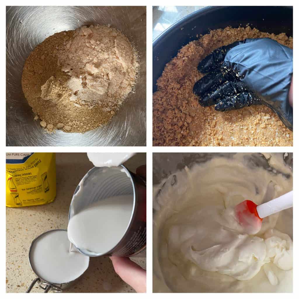 Collage of 4 photo.
Upper left crushed graham crackers and crushed toasted coconut in a silver mixing bowl.
Upper right: a hand with a black glove pressing the crust into the springform pan.
Lower left: pouring the canned coconut milk into a measuring cup.
Lower right: mixing the whipped cream into the cream cheese batter.