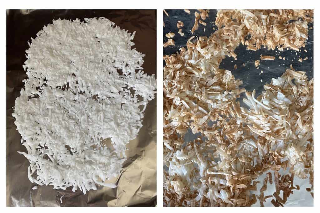 Two photos. Left photo shows coconut shavings on foil. Right photo shows the coconut pieces toasted.