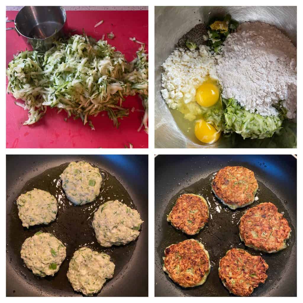 Collage of 4 photos.
Upper left: shredded zucchini
Upper right: a bowl with all of the ingredients in it.
Lower left: The fritters frying in the oil.
Lower right: the fritters flipped frying the other side.