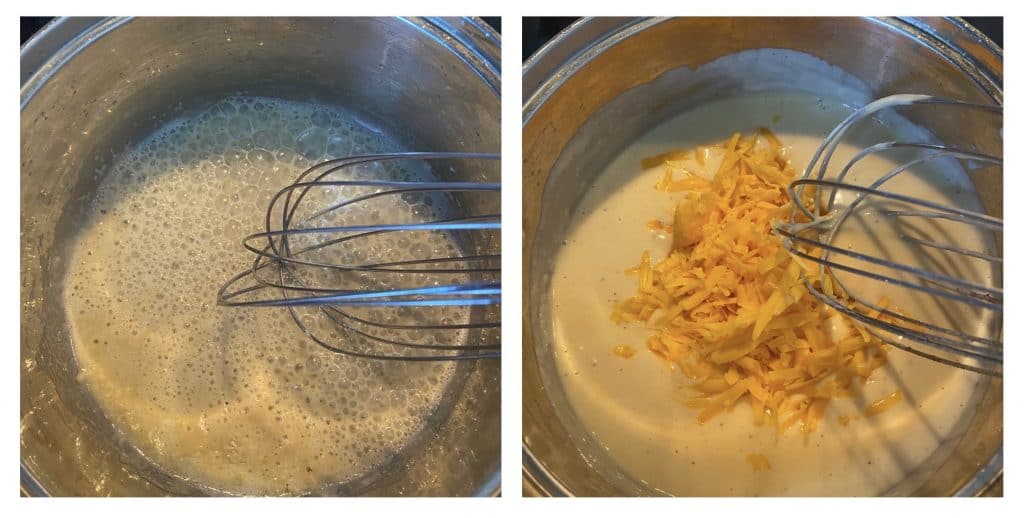 two images one is the melted butter with flour and the other is adding the cheese to the sauce.