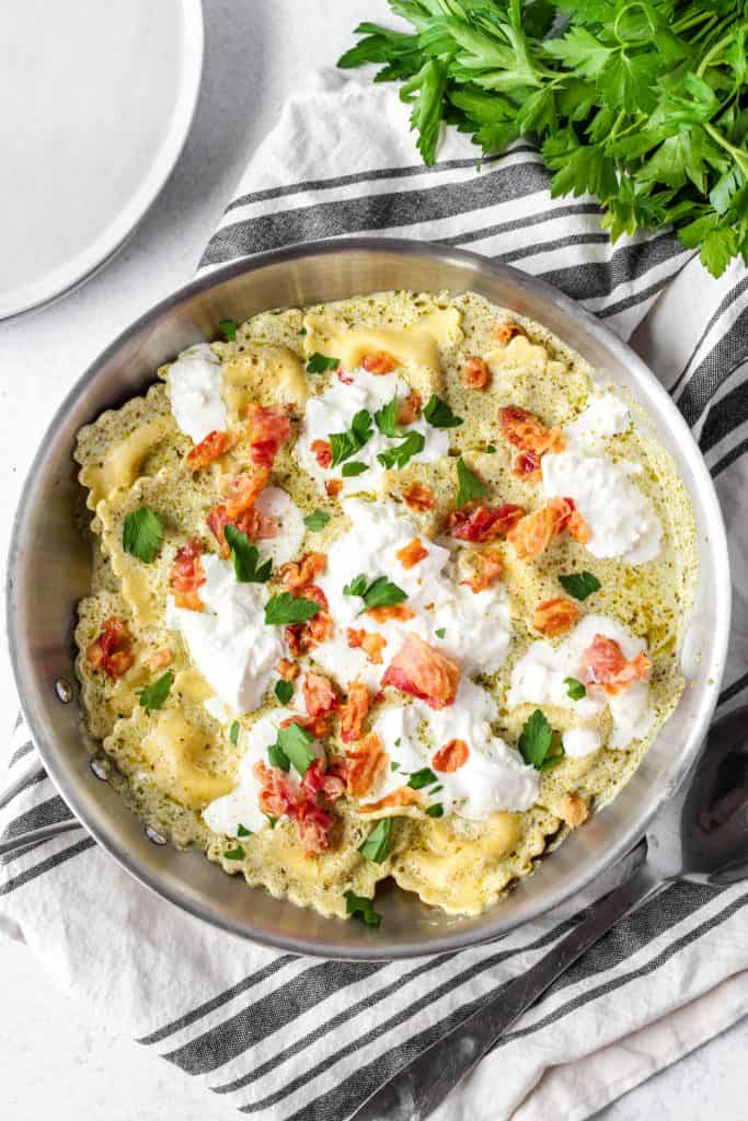 overhead shot of the ravioli in a silver pan