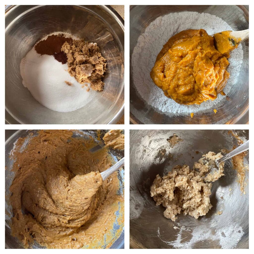 collage of 4 photos making the muffin batter.
Upper left: dry ingredients in a bowl.
Upper right: adding the pumpkin mixture into the dry ingredients
Lower left: mixing the dry and wet ingredients together. 
Lower right: Making the streusel