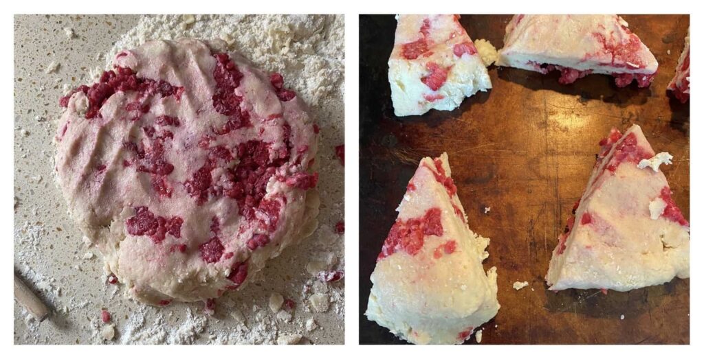 Collage of two photos. On the left the raw dough in a circle, on the right the sliced scones on a baking sheet.