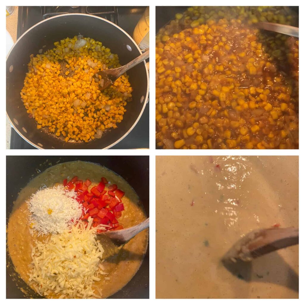 step by step photos of making the chowder
Upper left: the charred corn in the pot.
Upper right: the broth added to the pot.
Lower left: Cheeses and peppers added to the pot.
Lower right: stirring the half & half added into the pot.