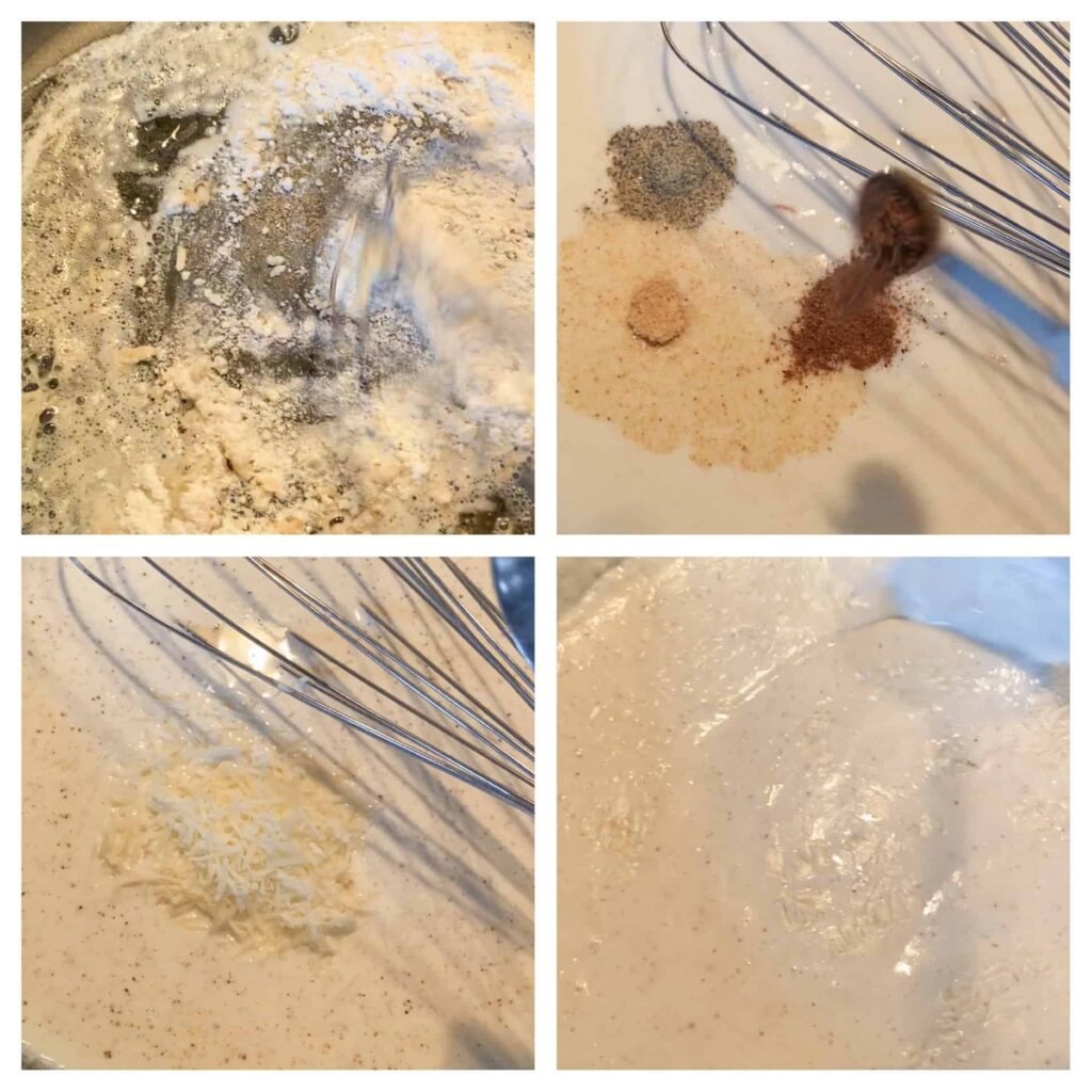 Collage of photos making the sauce.
Upper left: whisking in the flour
Upper right: whisking in the spice
Lower left: whisking in the cheese
Lower right: Stirring.