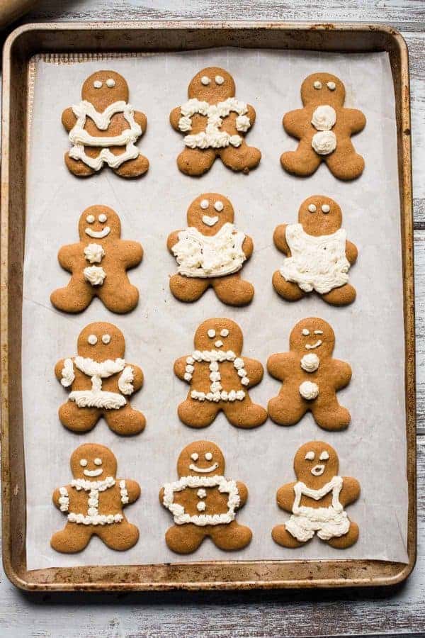 overhead shot of decorated gingerbread men on a baking sheet.