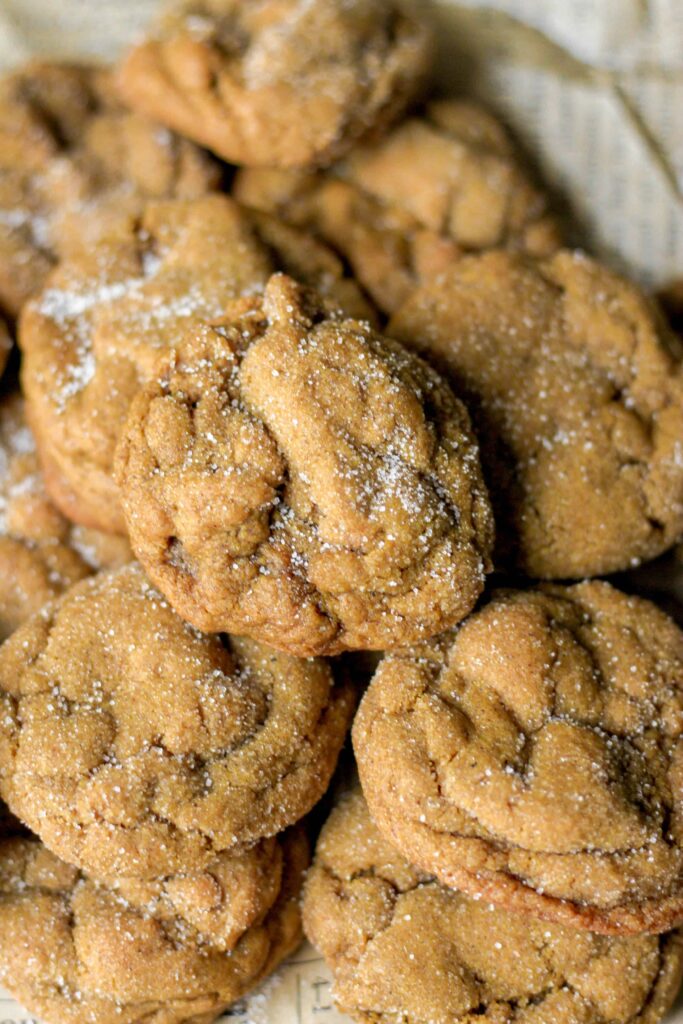 overhead shot of a pile of molasses cookies.