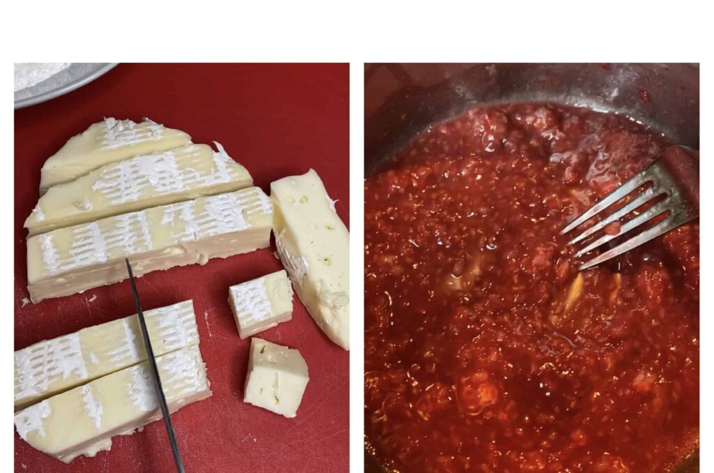 Left photo is slicing the cheese wheel into bites, the right photo is making the raspberry sauce.