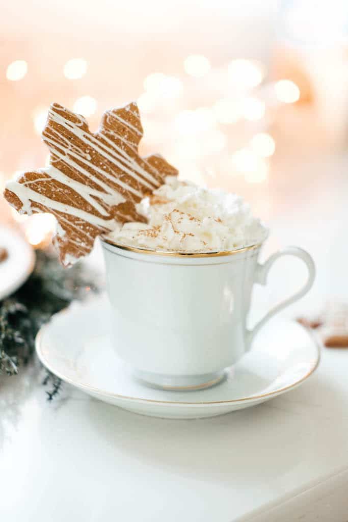 a white mug with whipped cream with a star shaped gingerbread on the rim.