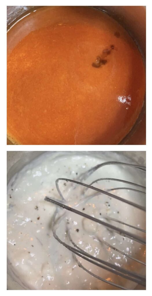 collage of two photos. Top photo is the hot sauce in a pot, the bottom photo is the blue cheese sauce in a pot.