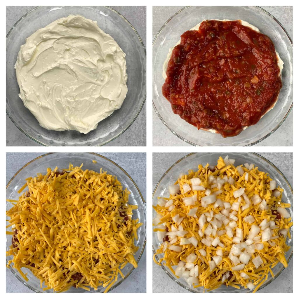 collage of 4 photos showing step by step making the salsa dip.   Top left: cream cheese blend in the pie plate.  Top right: salsa added to the top  Bottom left: shredded cheese now added  Bottom right: Diced onions now added to make the dip complete.