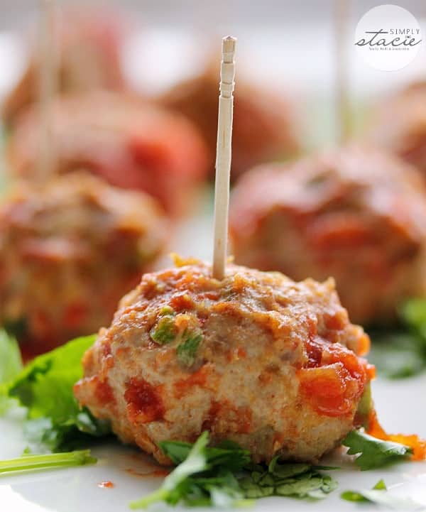 close shot of one Mexican meatball with a toothpick.