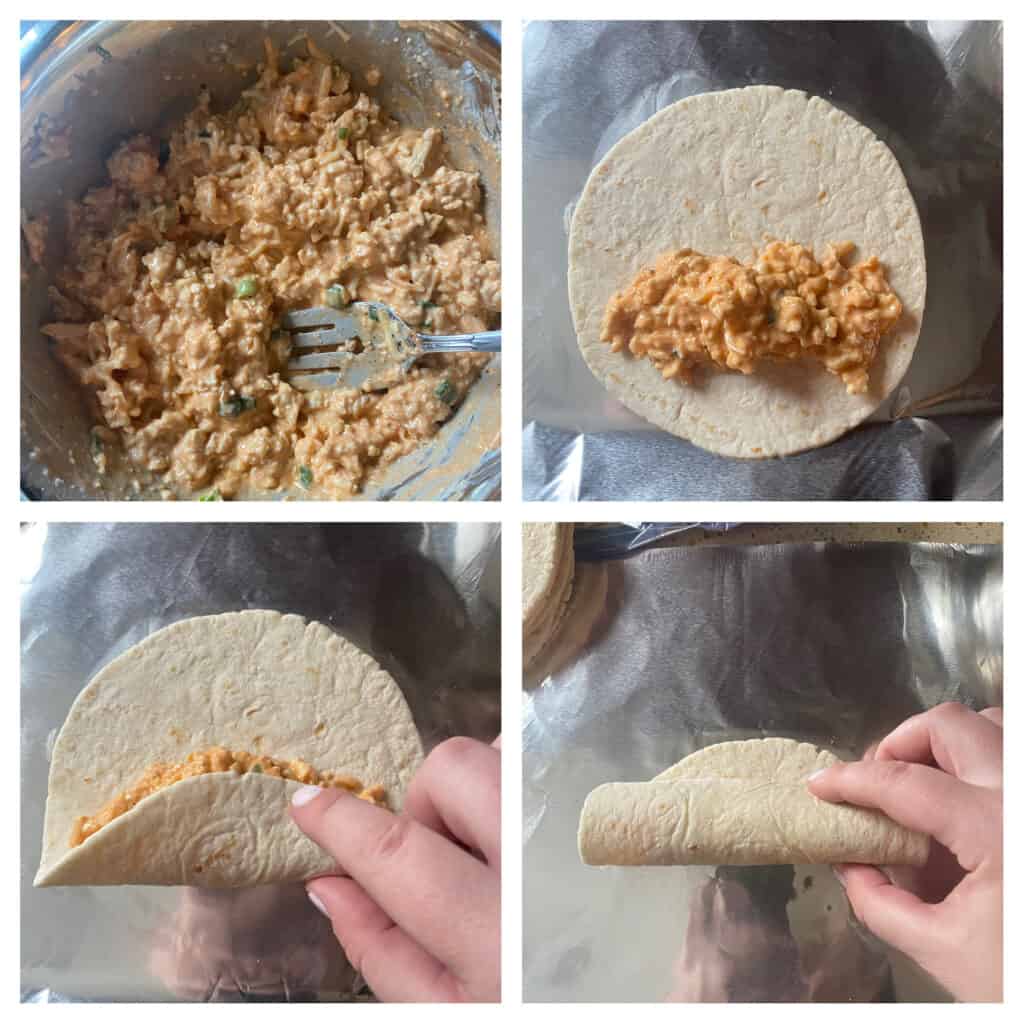 process shots, collage of 4 photos. 
Upper left: the ground chicken mixture.
Upper right: the mixture spooned onto a flat tortilla.
Lower left: hand beginning to roll up the tortilla.
Lower right: hand nearly rolling the tortillas closed completely. 