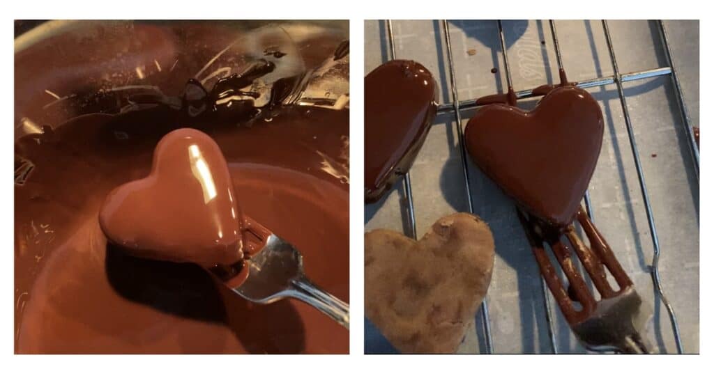 collage of 2 photos.
Left: the heart shaped cookie dough being lifted by a fork from the melted chocolate.
Right: the cookie dough being placed on the baking sheet.