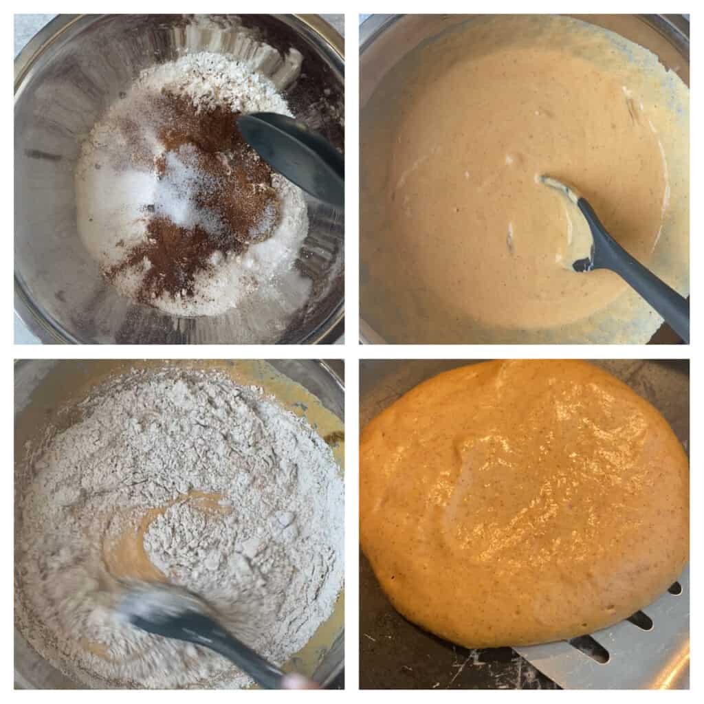 collage of 4 photos.
Upper left: mixing the dry ingredients.
Upper right: mixing the wet ingredients.
Lower left: mixing the dry and the wet
Lower right: flipping a pancake.