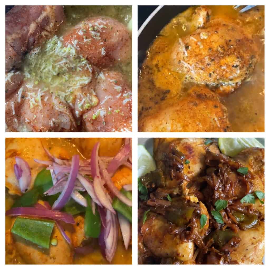 Collage of 4 photos. Upper left the chicken in the marinade.
Upper right, the chicken cooking in the marinade.
Lower left: adding the peppers and onions.
Lower right: the final cooked chicken topped  the peppers and onions.