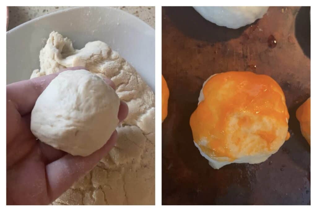 side by side photos. Left shows holding one of the smaller dough balls. Right shows the dough balls covered in the Buffalo sauce.