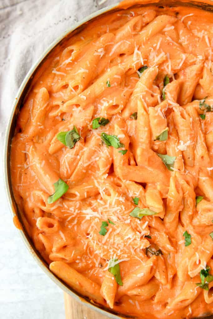 overhead shot of the penne vodka in a black pan