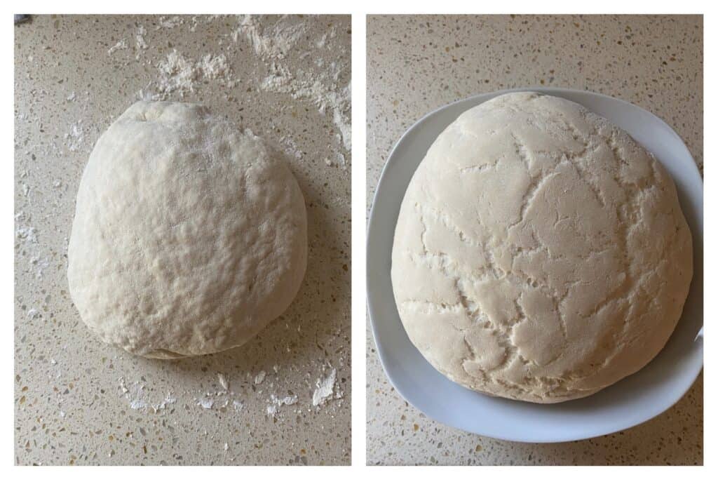 side by side photos of the dough. Left shows dough after kneading, right photo shows dough after it's risen for an hour.