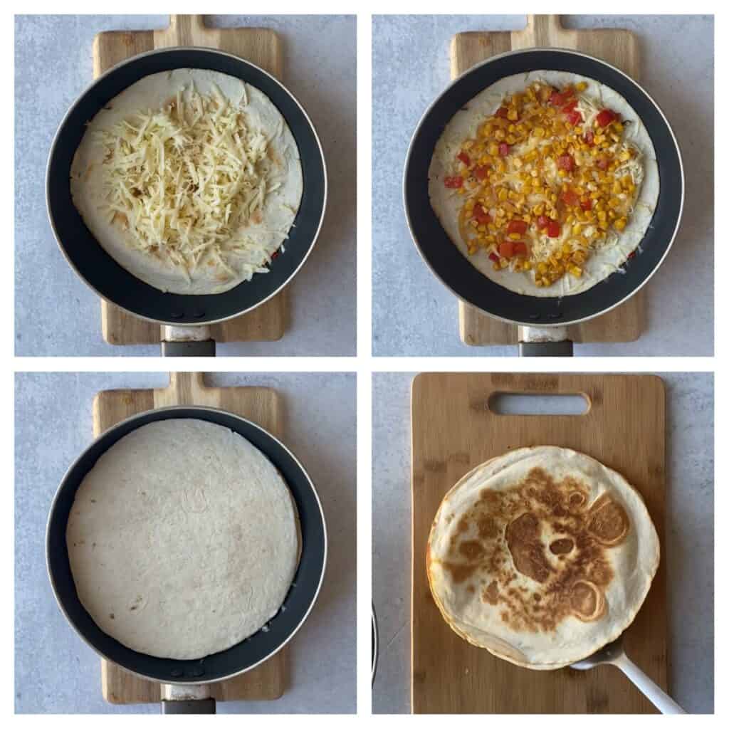 overhead process shots, collage of 4 photos.
Upper left: the tortilla in the pan topped  with cheese.
Upper right: now topped with the corn and red peppers.
Lower left: topped with the upper tortilla.
Lower right: the completed cooked quesadilla.