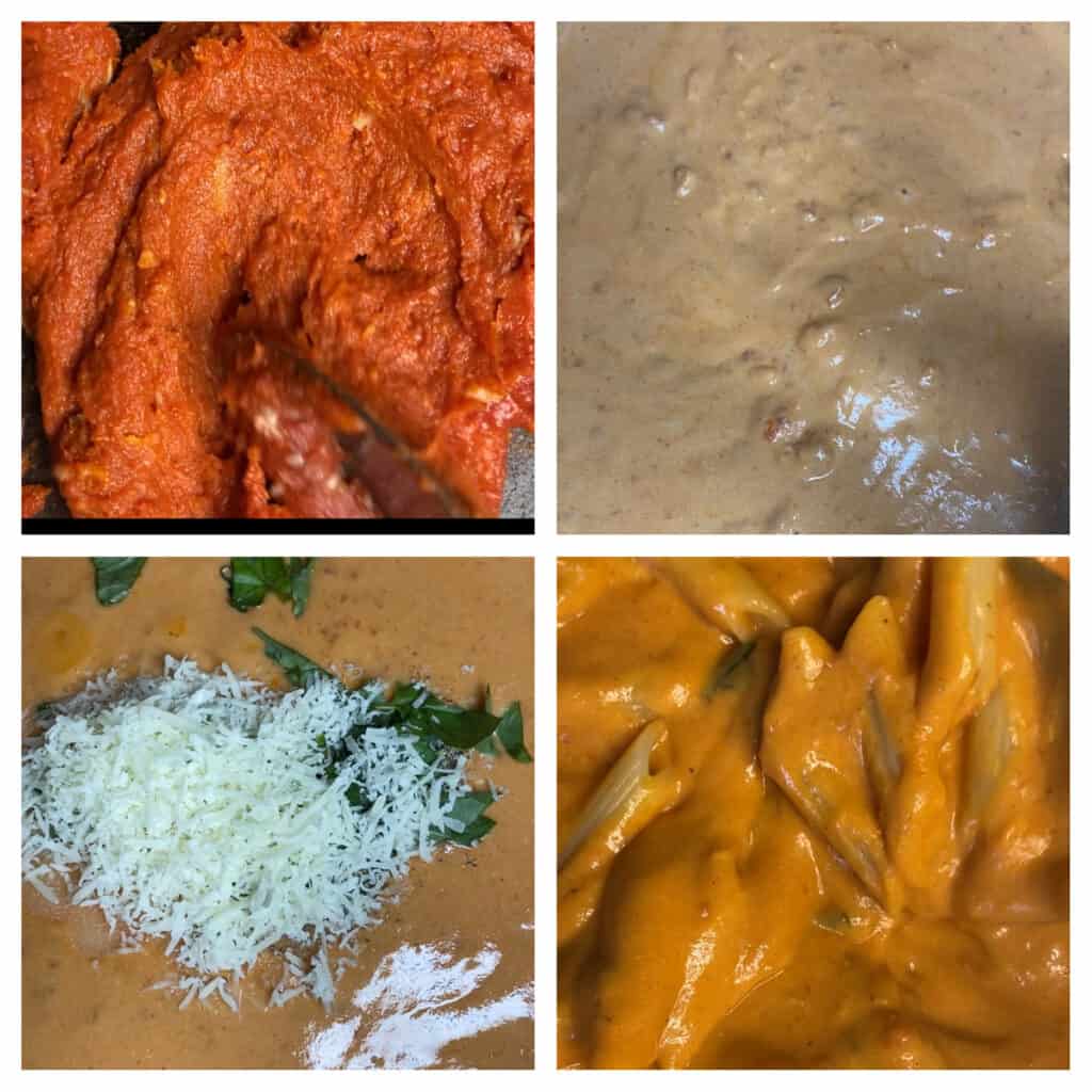 collage of 4 photos showing making the sauce.
Upper left: the tomato paste in the pan
Upper right: after adding the cream showing the creamy sauce.
Lower left: Sauce topped with basil, cheese, spices.
Lower right: the penne now added into the sauce being stirred.