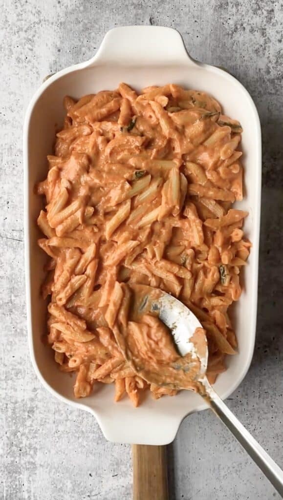 overhead shot of the white casserole dish with the penne vodka.