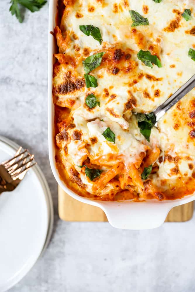 overhead shot of the corner of the casserole dish with the pasta bake