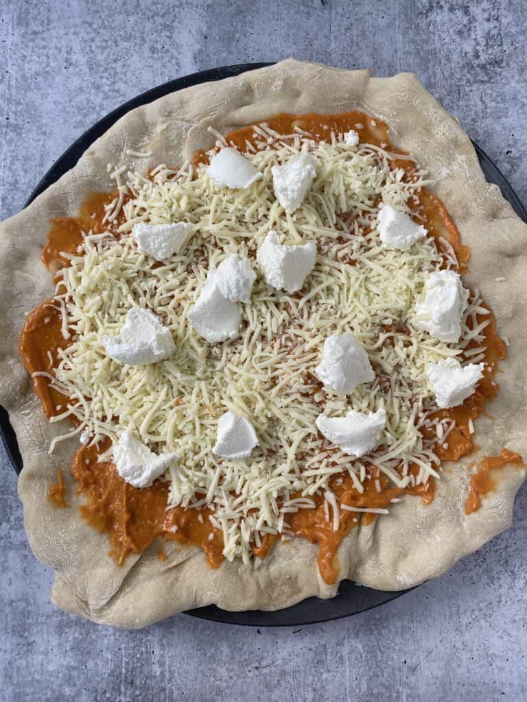 overhead shot of the vodka sauce pizza before baking