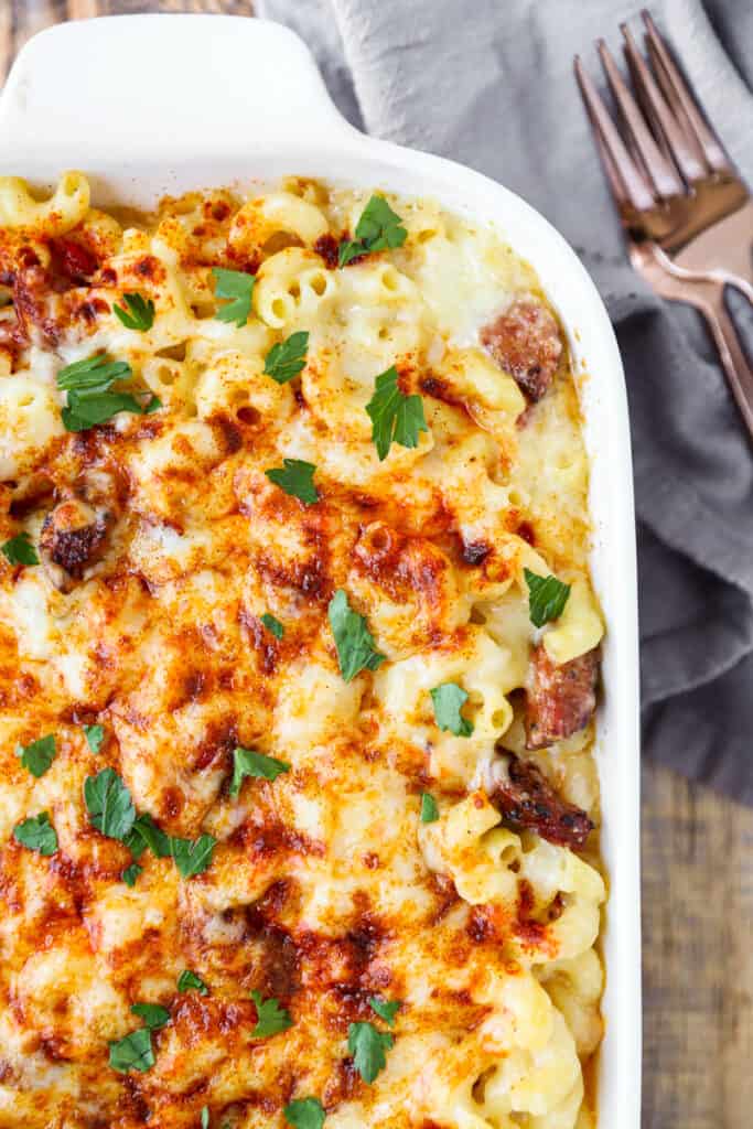 overhead shot of Cajun mac and cheese in a white casserole dish