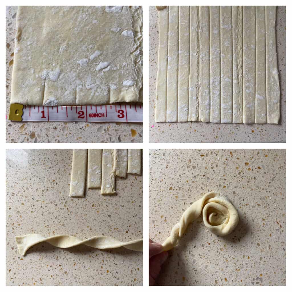 collage of 4 instruction photos.
Upper left: tape measure against the puff pastry sheet.
Upper right: cut into strips
Lower left: corkscrew twirl on one strip.
Lower right: forming one danish.