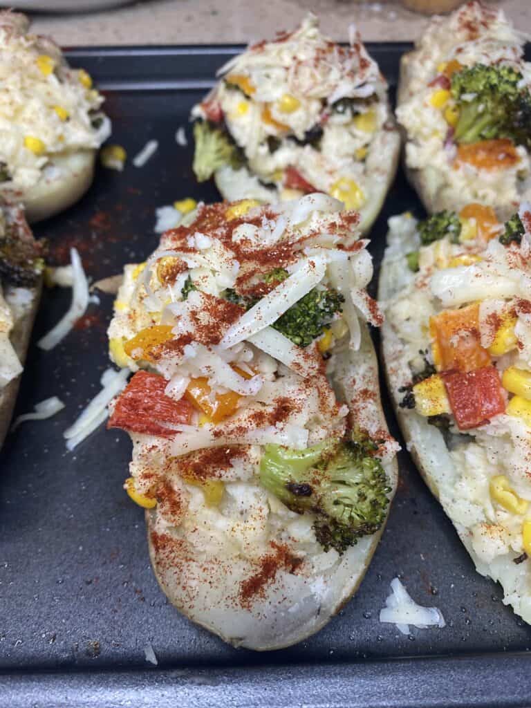 the stuffed potato, unbaked on the baking sheet.