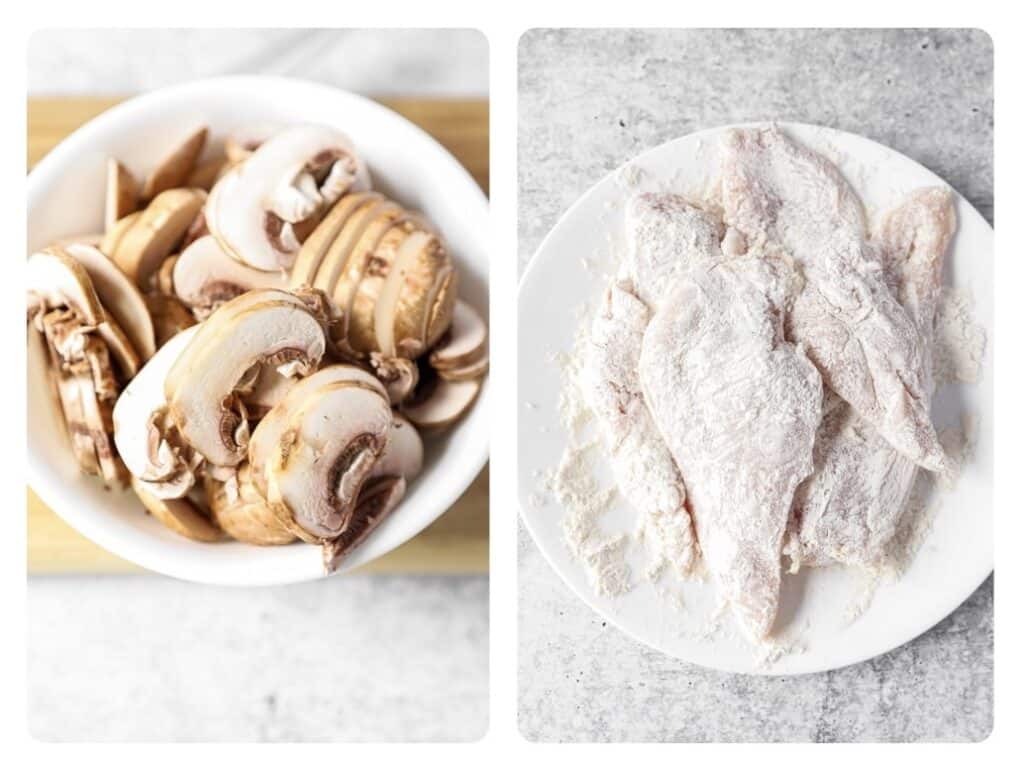side by side photos: left photo is sliced mushrooms in a bowl. Right photo is chicken breasts coated