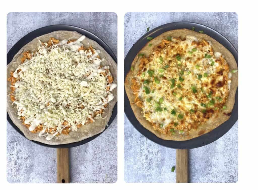 side by side photos. Left photo shows the pizza drizzled with ranch. Right photo shows the finished baked pizza topped with scallions.