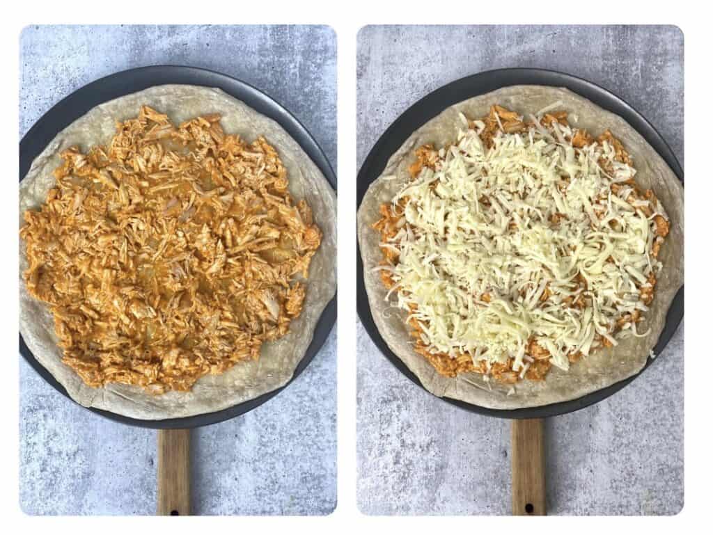 side by side photos. Left photo showing overhead of the pizza dough covered in the Buffalo chicken sauce. Right photo showing the pizza now topped with the cheeses.