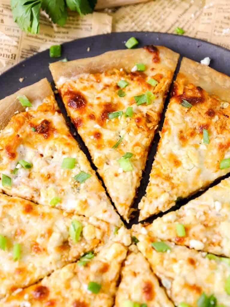 overhead shot of the Buffalo chicken pizza on a pizza pan