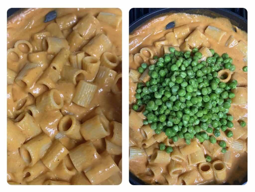 two photos side by side. Left shows the rigatoni vodka sauce in the pan. Right shows pasta now topped with the peas.