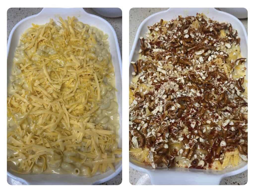 side by side photos. Left shows the mac and cheese in the baking dish topped with more shredded cheese. Right photos shows it now topped with the crushed pretzels.