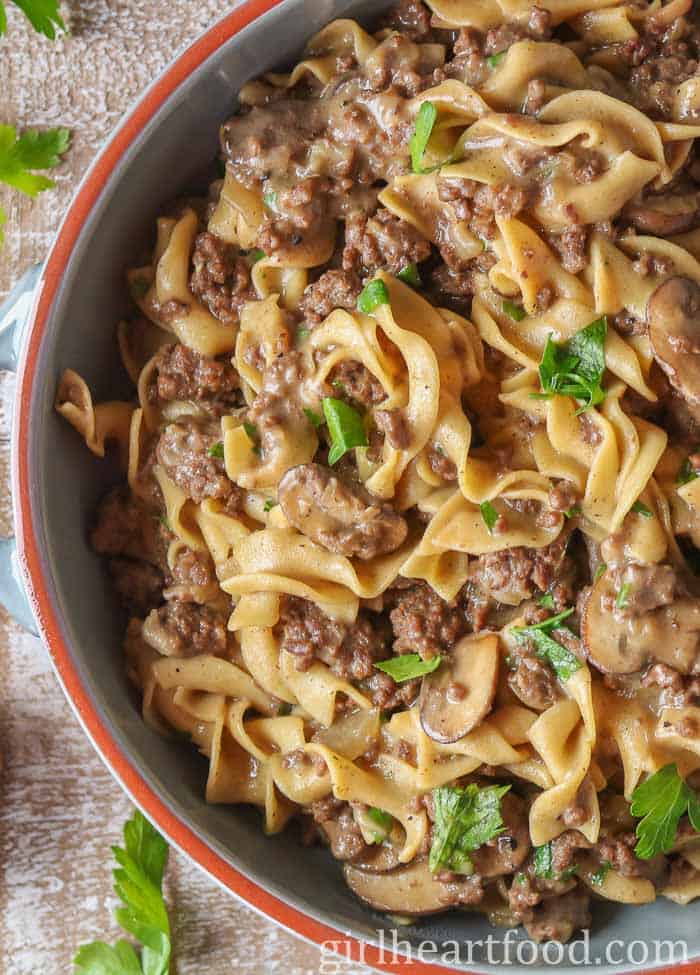 overhead shot of the beef stroganoff on a baking dish.