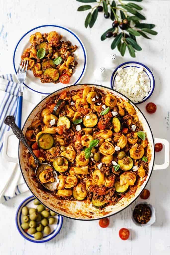 overhead shot of the tortellini beef skillet in a serving dish.