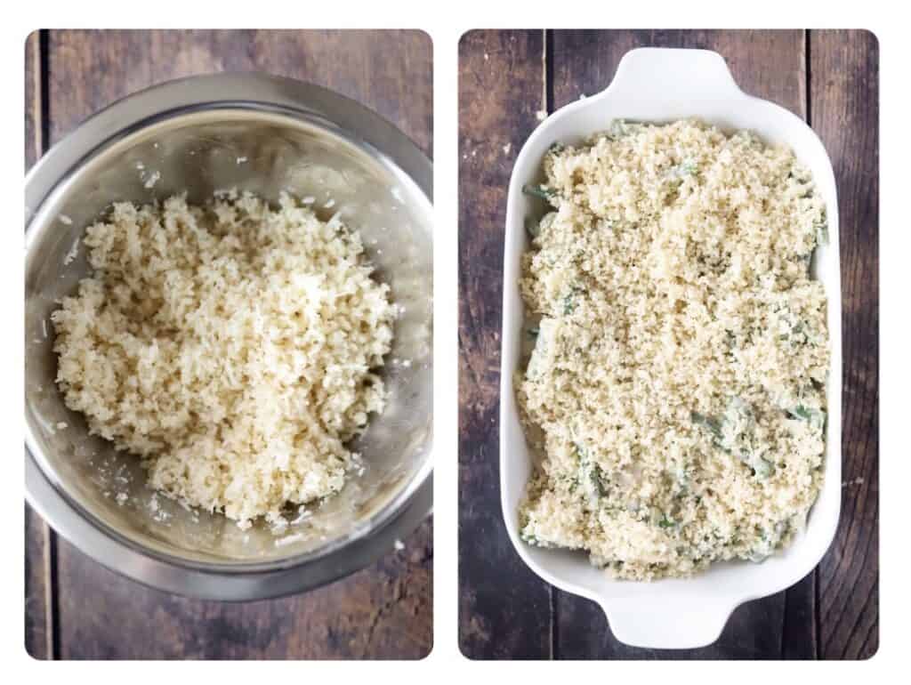 side by side photos. Left shows the Panko topping in a bowl, the right shows the assembled casserole before baking.