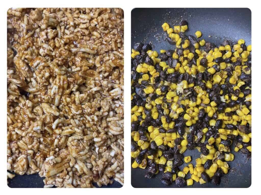 side by side of two photos. Left photo is the ground chicken in a nonstick pan. The right is the season corn and black beans in a nonstick pan.