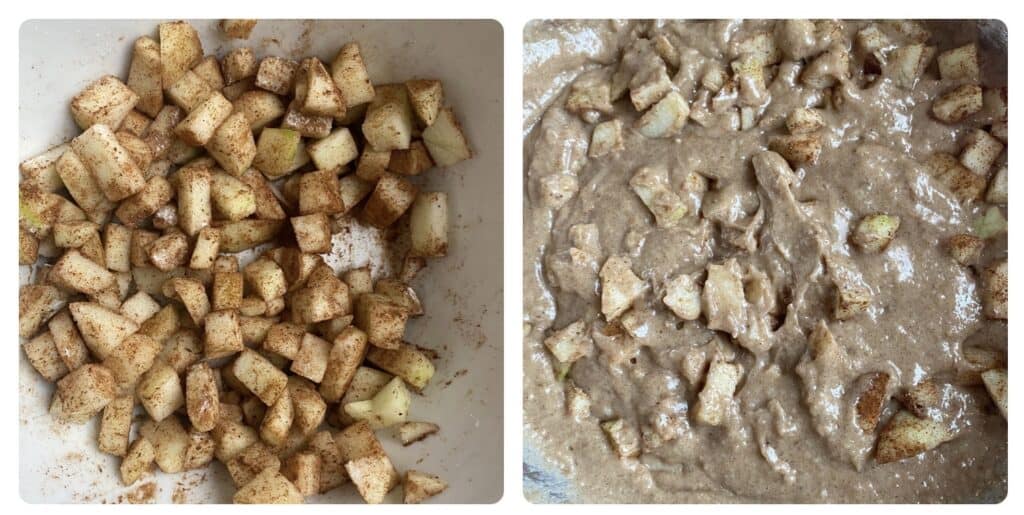 side by side images. Left shows the diced apples in a white bowl with the spices. Right photo shows the apples mixed into the muffin batter.