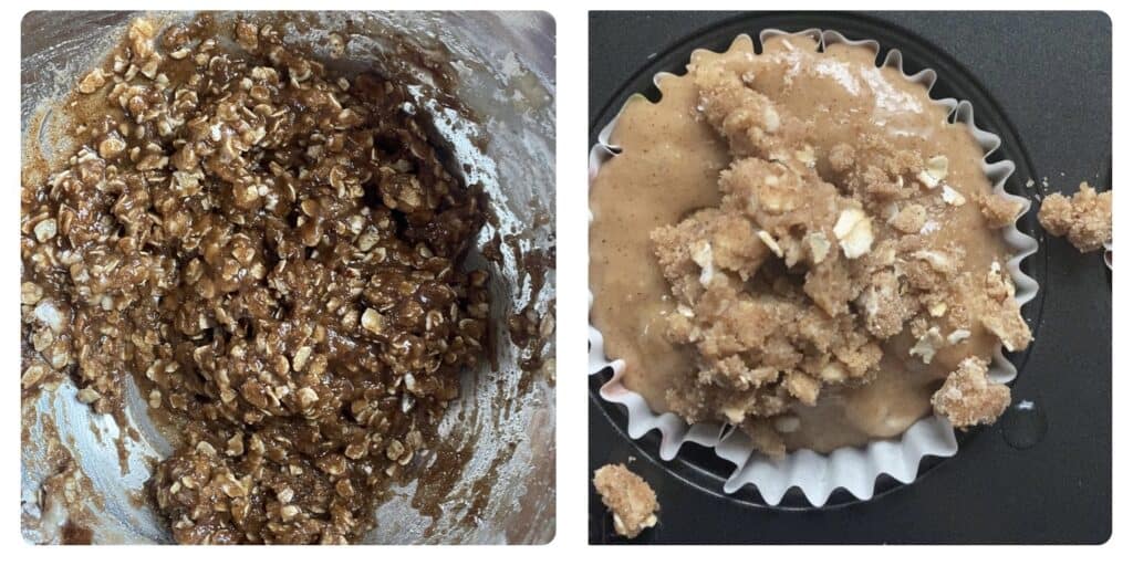 side by side images. Left shows the mixed streusel topping. Right shows the muffin before baking topped with the streusel.